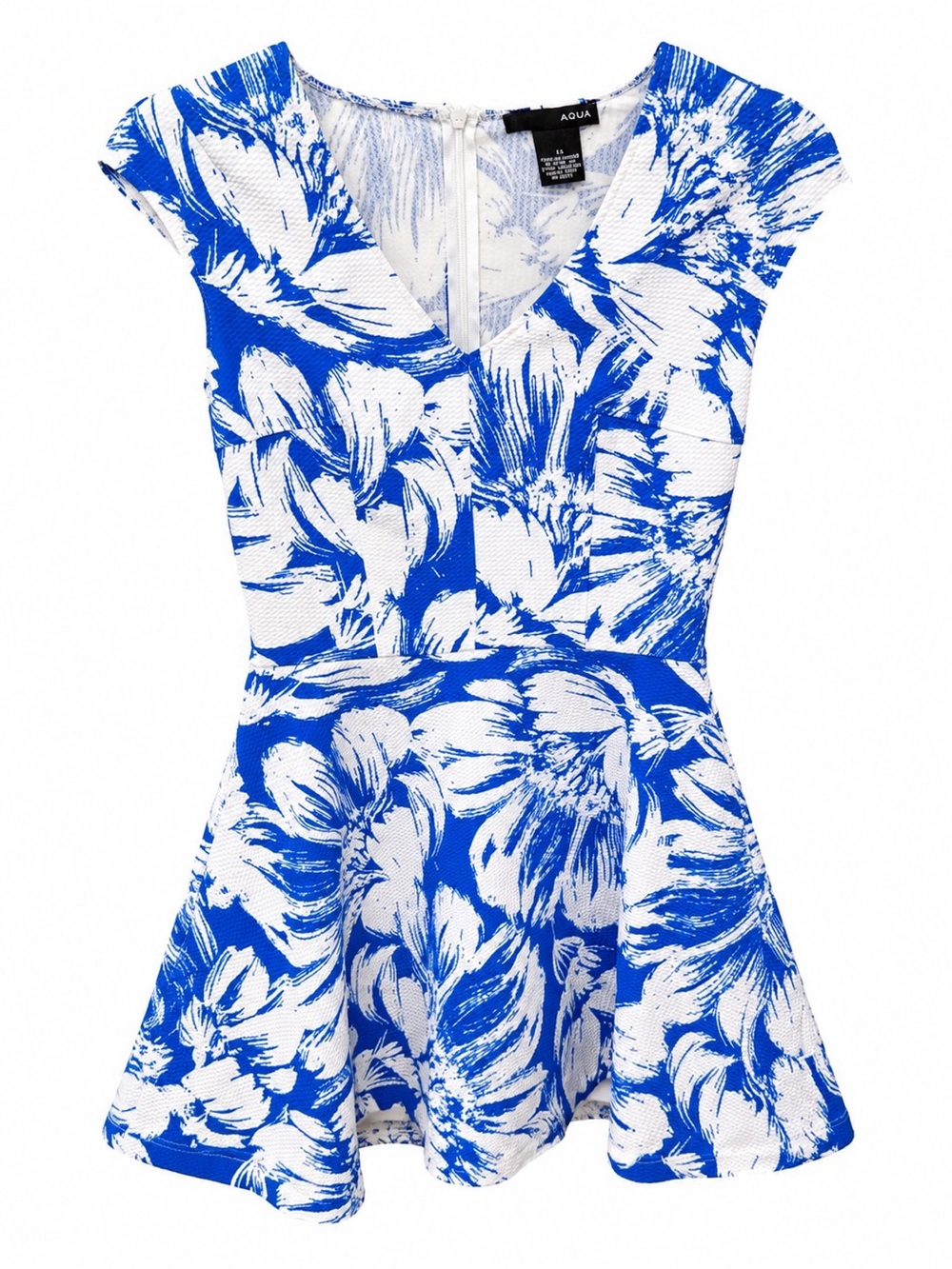 AQUA Blue White Floral Textured Fit & Flare Dress XS